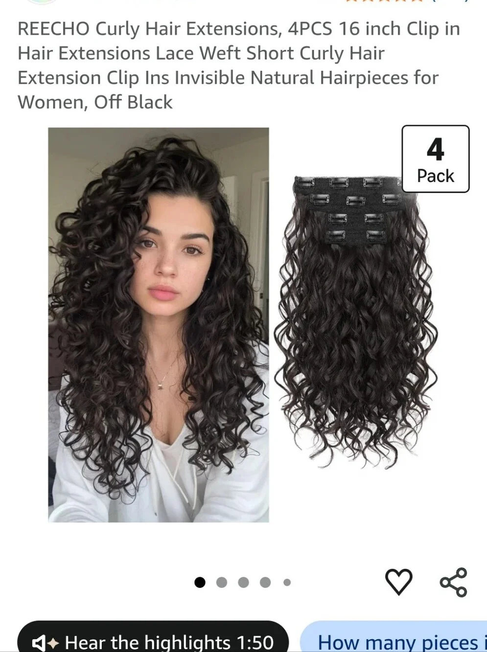 REECHO Curly Hair Extensions, 4PCS 16 inch Clip in  Natural Black